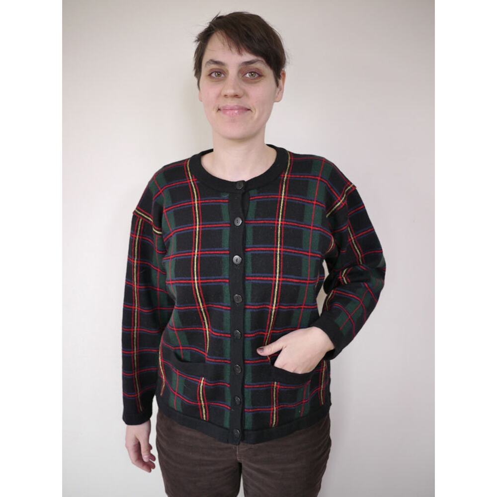Vintage JAEGER Plaid 100% Lambs WOOL Womens Sweater CARDIGAN UK Made 38